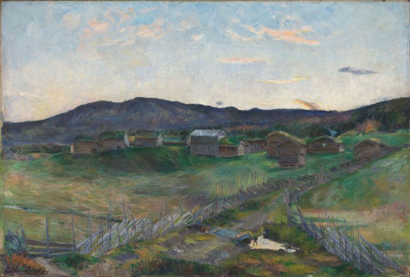 Otoño en Strålsjøen de Harriet Backer, pintura al óleo que muestra un paisaje vibrante de otoño