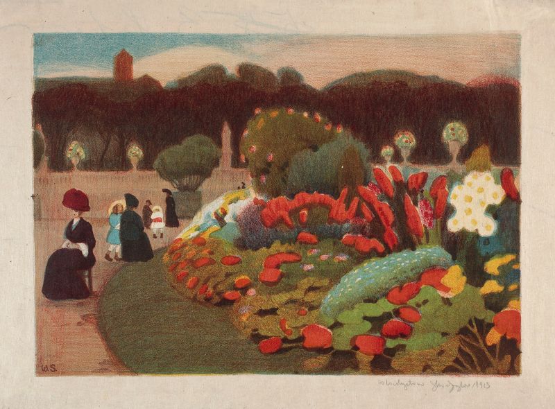 Ogród Luksemburski de Władysław Skoczylas, acuarela sobre papel que representa un vibrante jardín.