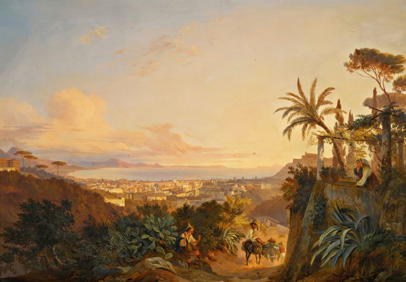 Cena marinha do Golfo de Nápoles por Carl Wilhelm Götzloff, pintura a óleo