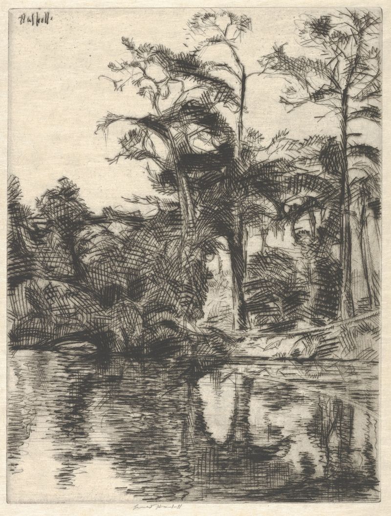 Alligator Pool de Ernest Haskell, pintura a óleo com um jacaré deslizando na água