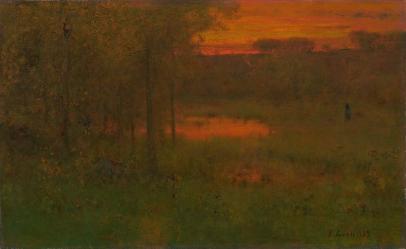 Paisagem, Pôr do Sol de George Inness, óleo sobre tela retratando um pôr do sol sobre uma paisagem tranquila.