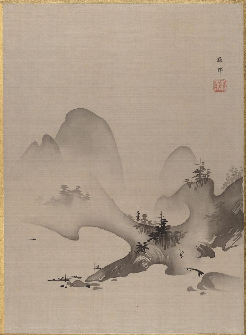 Lago e Montanhas de Hashimoto Gahō, tinta sobre papel, representando um lago tranquilo e montanhas distantes