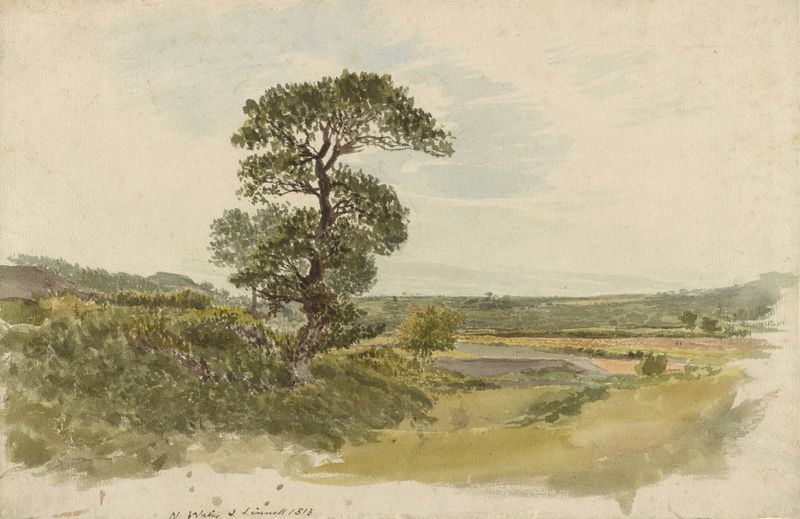 A Landscape in Snowdonia com uma árvore em primeiro plano de John Linnell, pintura a óleo