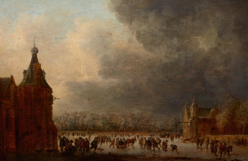At the Rink de Jan van Goyen, pintura a óleo que retrata patinadores no gelo em uma paisagem de inverno