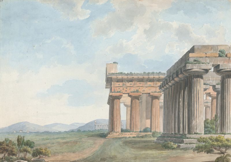Temple Ruins at Paestum, oil on canvas by Willey Reveley, featuring ancient columns in warm light.