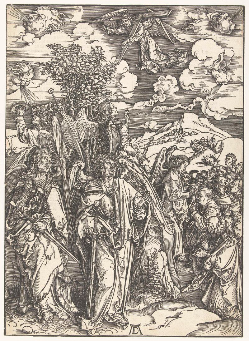 Engraving by Albrecht Dürer showing angels holding back the winds