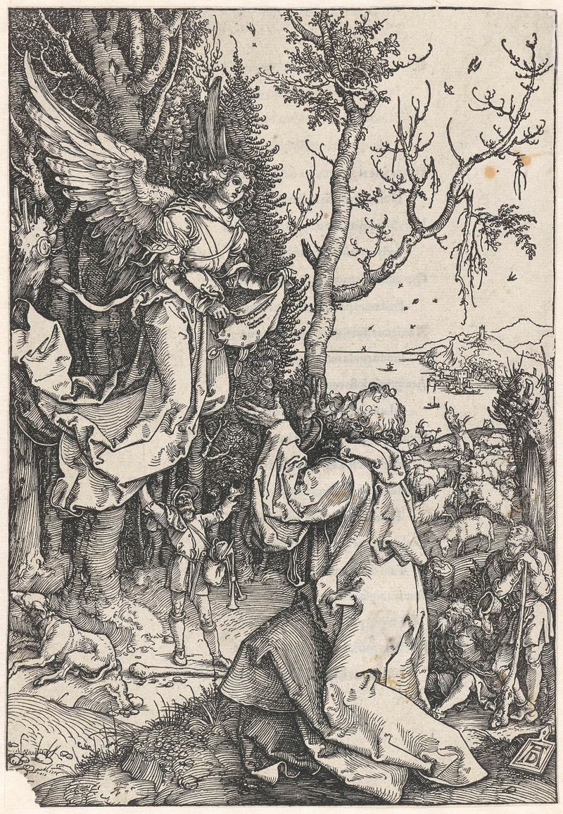 Escena religiosa que representa a Joaquín iluminado por la luz, grabado de Albrecht Dürer