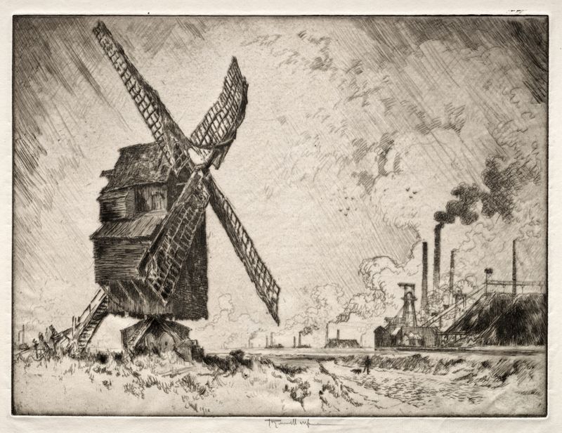 Paisagem de Old and New Mills em Valenciennes, França, por Joseph Pennell, meio desconhecido