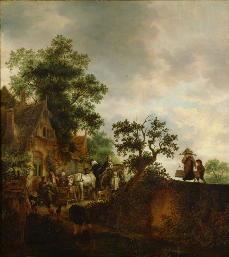 Genre scene of travelers at an inn, oil painting by Isaac van Ostade