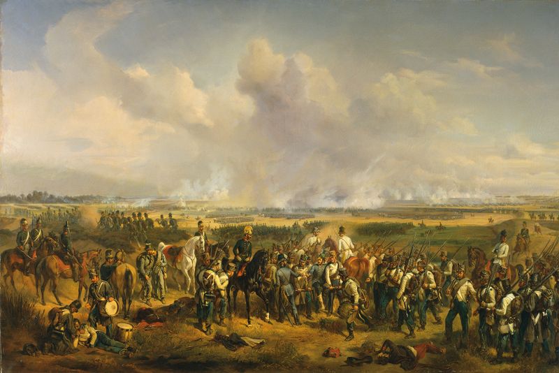 Historical scene with soldiers in battle, oil painting by Albrecht von Adam