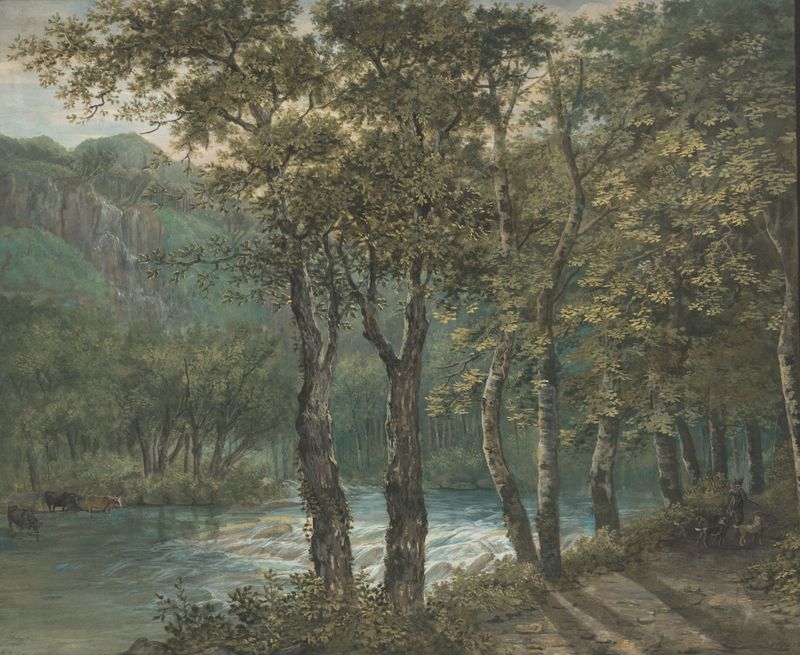Luz del sol filtrándose a través de los árboles sobre el río Sihl, pintura al óleo de Conrad Gessner