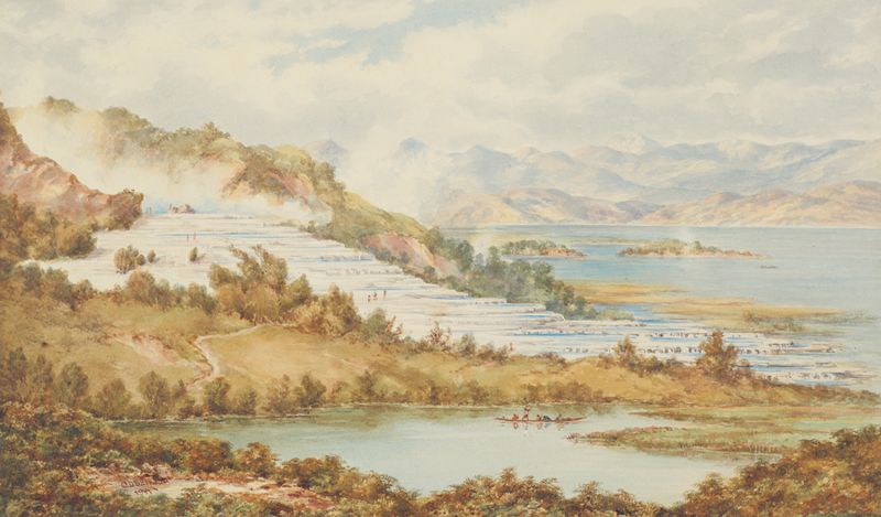 The White Terraces by Charles Decimus Barraud, oil painting depicting sweeping white terraces.