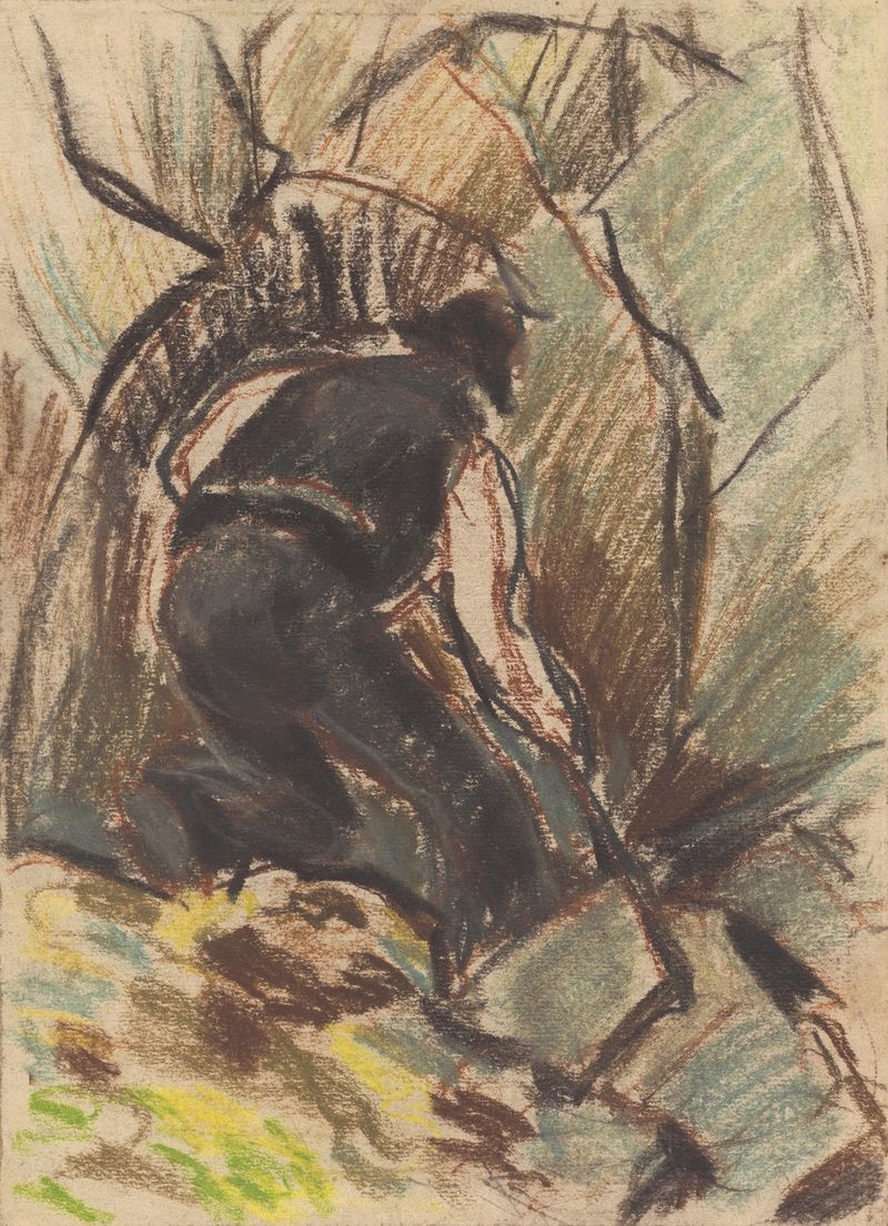 Mower de Zolo Palugyay, pintura al óleo que representa a una figura segando hierba en un paisaje.