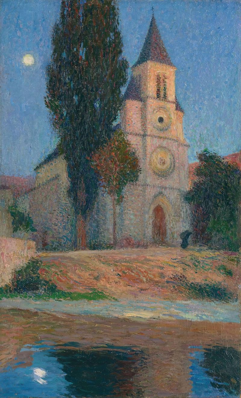 Lever De Lune Derrière L’église De La Bastide-Du-Vert by Henri Martin, oil on canvas depicting a village at night