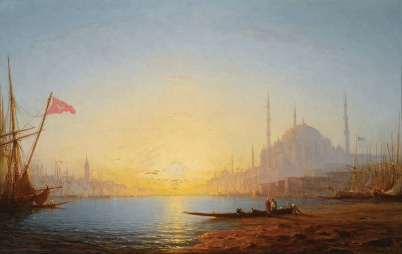 Landscape of Constantinople with minarets at dawn, oil on canvas by Amédée Rosier