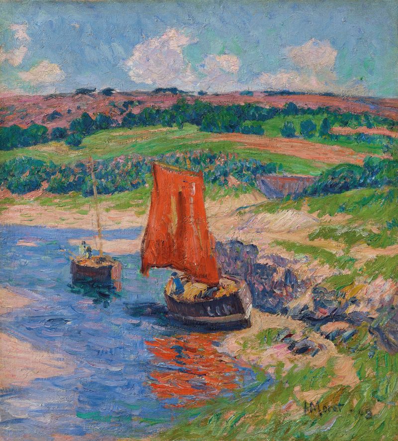 La voile rouge de Henry Moret, pintura al óleo que representa una vela roja en el océano.