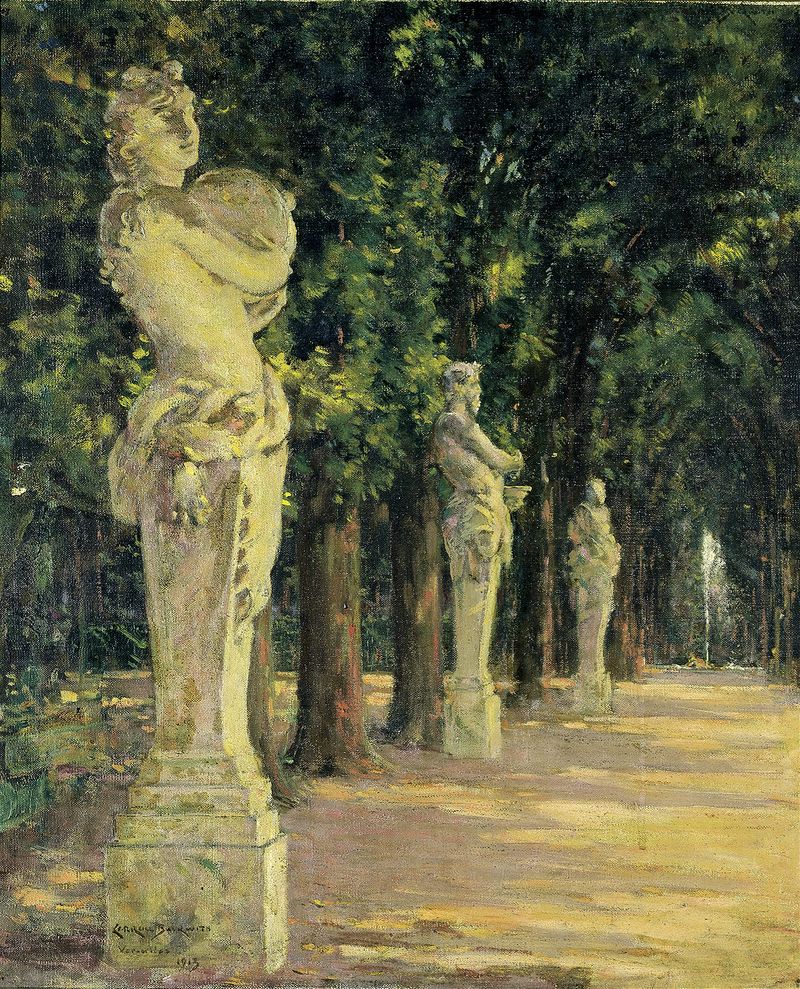 Allee de l’Ete, Versailles by James Carroll Beckwith, oil on canvas depicting a sunlit path through trees.