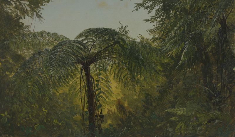 Tropical Landscape óleo de Frederic Edwin Church com vegetação exuberante e um pôr do sol.