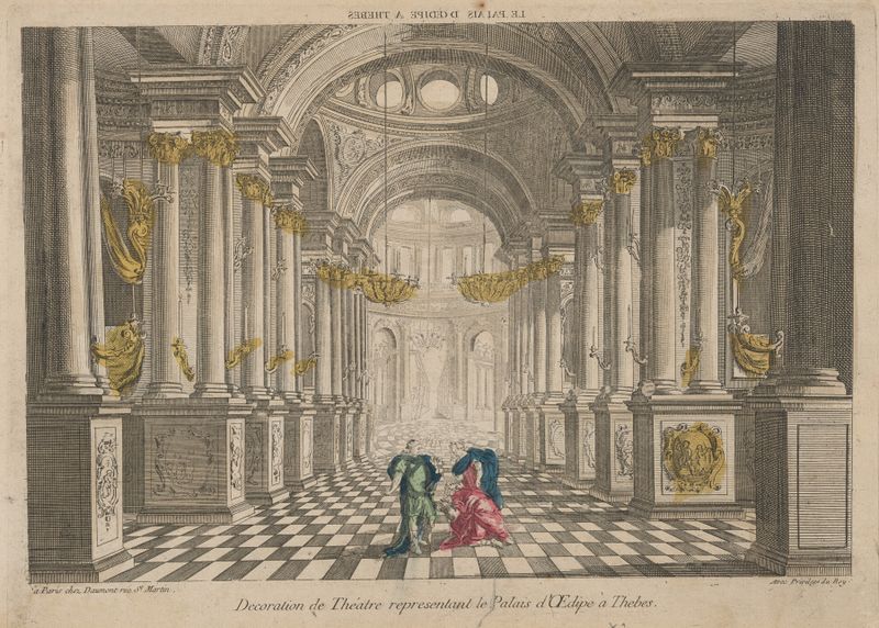 Decoración de teatro que representa el palacio de Edipo en Tebas, óleo sobre lienzo por un artista desconocido