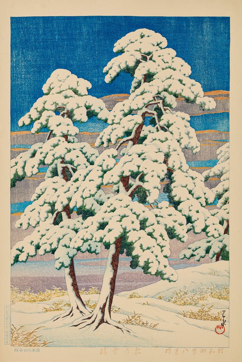 Ukiyo-e de Kawase Hasui que muestra pinos cubiertos de nieve en un paisaje invernal