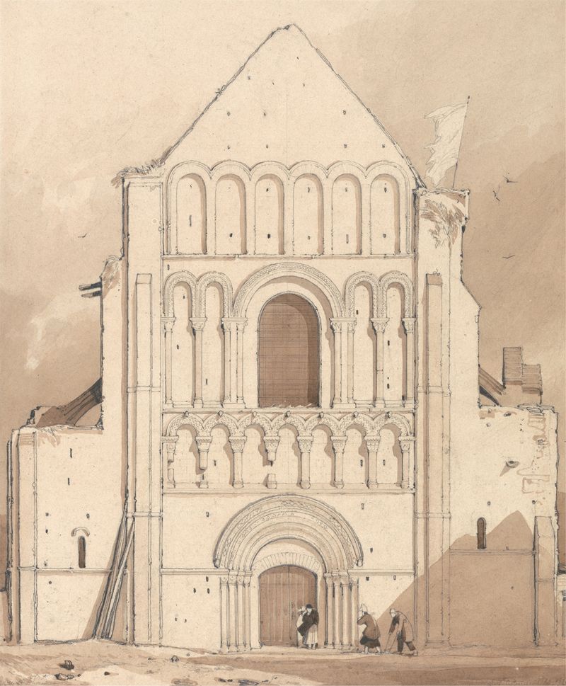 Aquarela de John Sell Cotman mostrando a fachada oeste da igreja de Oyestraham, Normandia