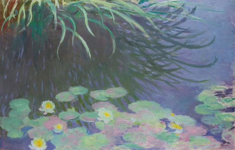 Nymphéas Avec Reflets De Hautes Herbes de Claude Monet, pintura al óleo que muestra agua y reflejos