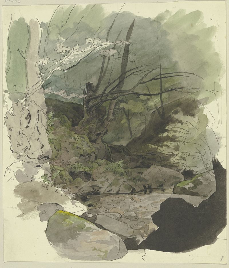 oil painting of a forest stream by Jakob Becker