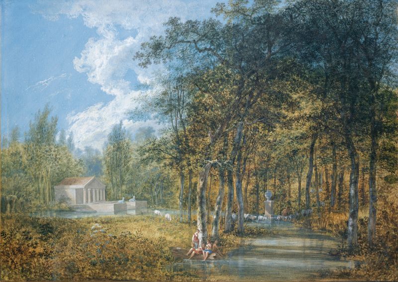 Arcadian Landscape by Salomon Gessner, oil on canvas depicting a verdant valley and gentle hills.