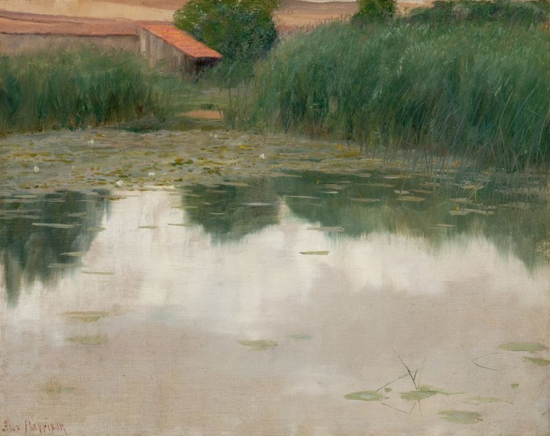The Lily Pond by Thomas Alexander Harrison, impressionism, depicting lily pads and flowers