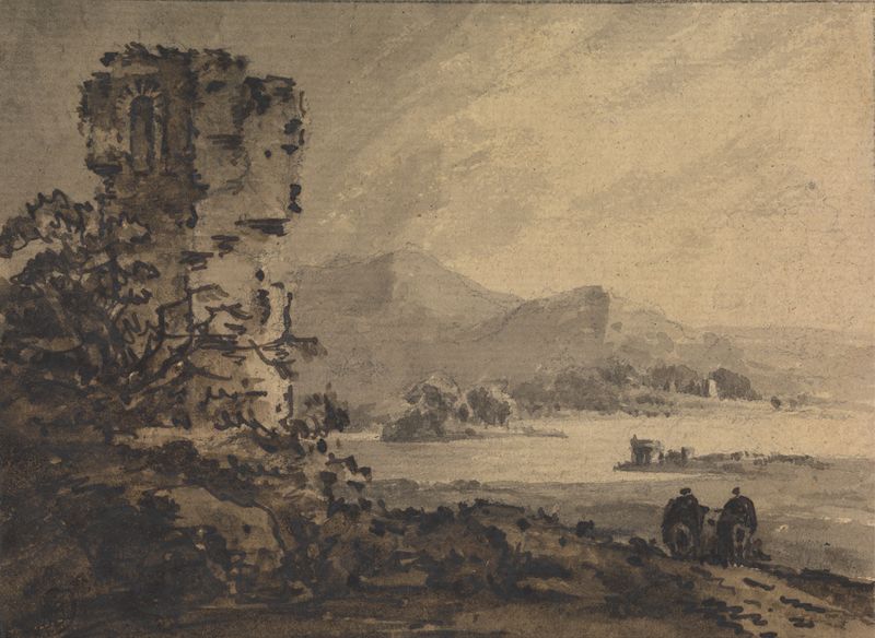 Classical landscape with two figures on horseback, oil on canvas by William Gilpin