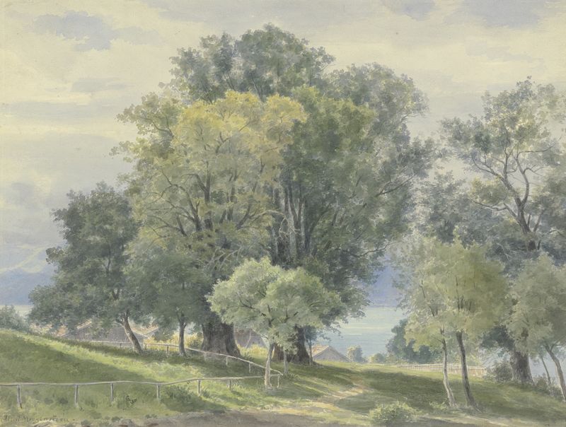 Frauenchiemsee by Friedrich Ernst Morgenstern, oil on canvas depicting a tranquil lake and pastel sky.