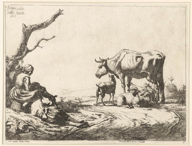 Pastores com ovelhas em uma gravura de Adriaen van de Velde