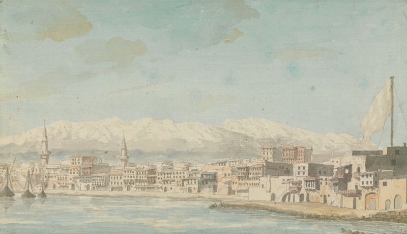View of Harbor Town With Flagpole at Right, Seen From Sea, oil on canvas by Willey Reveley