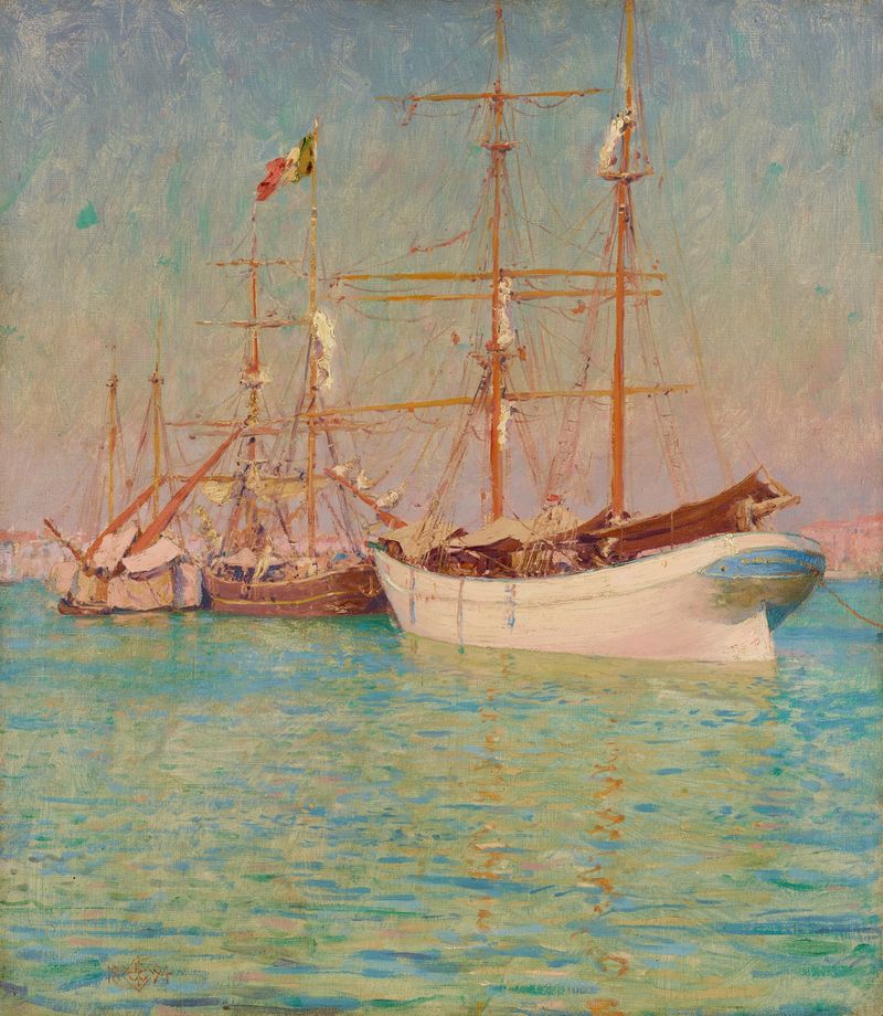 Venice landscape by Walter Launt Palmer, oil painting showing water reflections and architecture.
