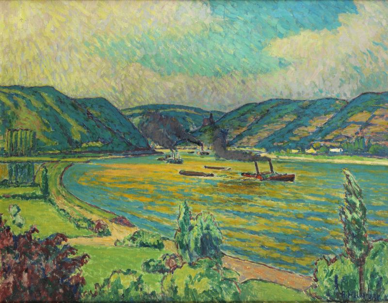 Rheinlandschaft de Alfred Helberger, óleo sobre lienzo que representa un paisaje de río tranquilo.
