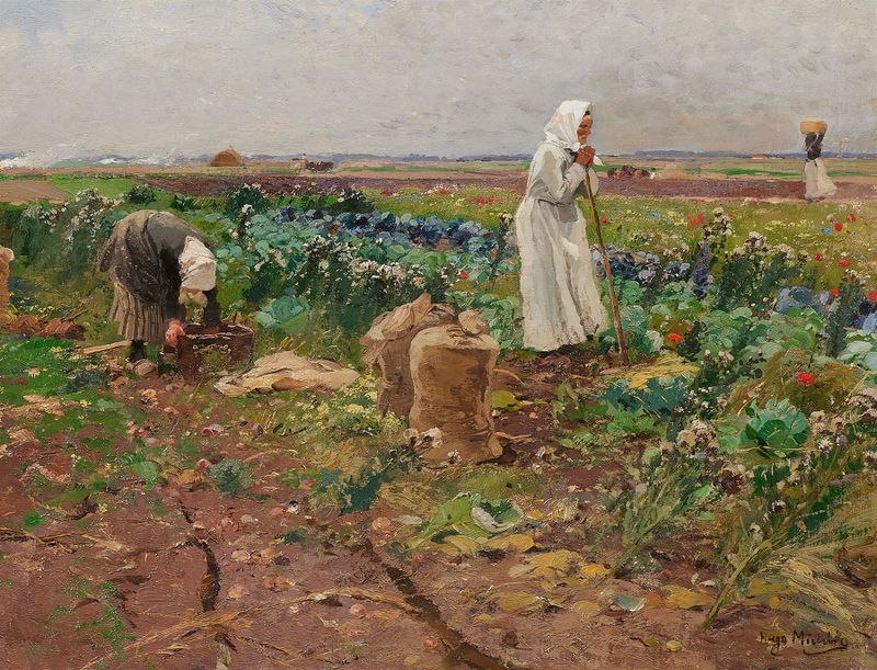 Pintura al óleo de Hugo Mühlig que muestra a trabajadores cosechando patatas en un entorno rural.