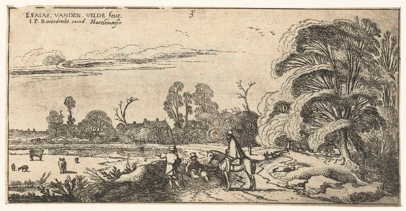 Grabado de Esaias van de Velde que muestra figuras en un camino sinuoso