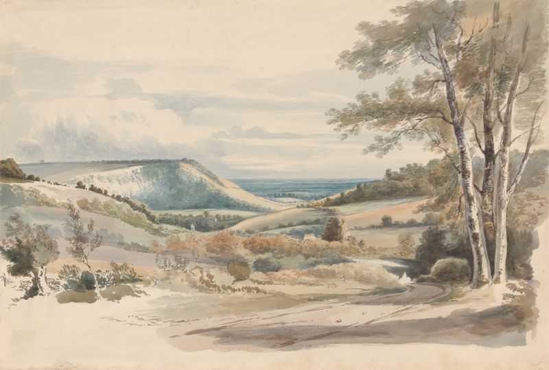 Landscape oil painting by Alexander Monro featuring hills and golden light
