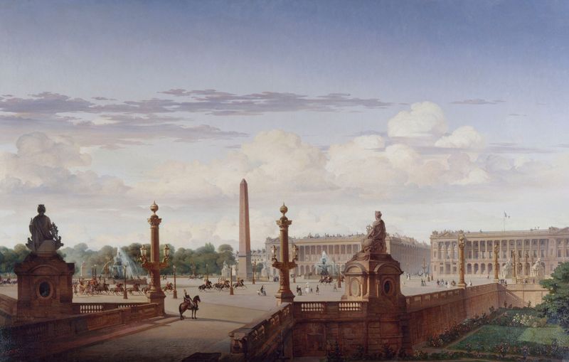 Historical scene with a carriage crossing the Concorde, oil painting by Jean-Charles Geslin