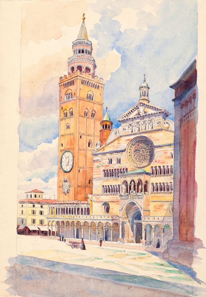 Duomo, Cremona by Julian Clarence Levi, depicting a cathedral facade in warm light, realism style