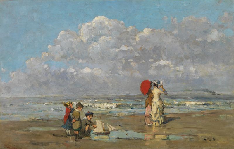 Marine scene with waves and sand by Pericles Pantazis, oil on canvas