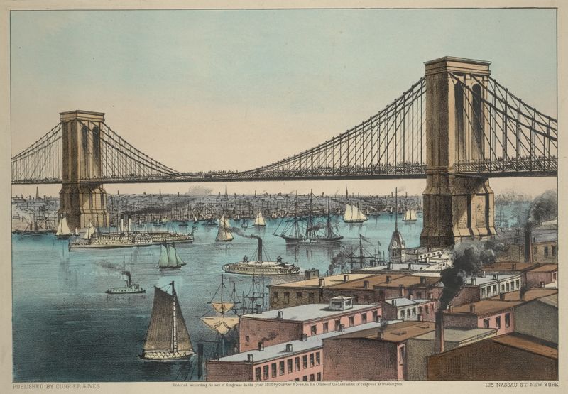 The Great East River Bridge lithograph by Currier & Ives showing a bridge over the East River