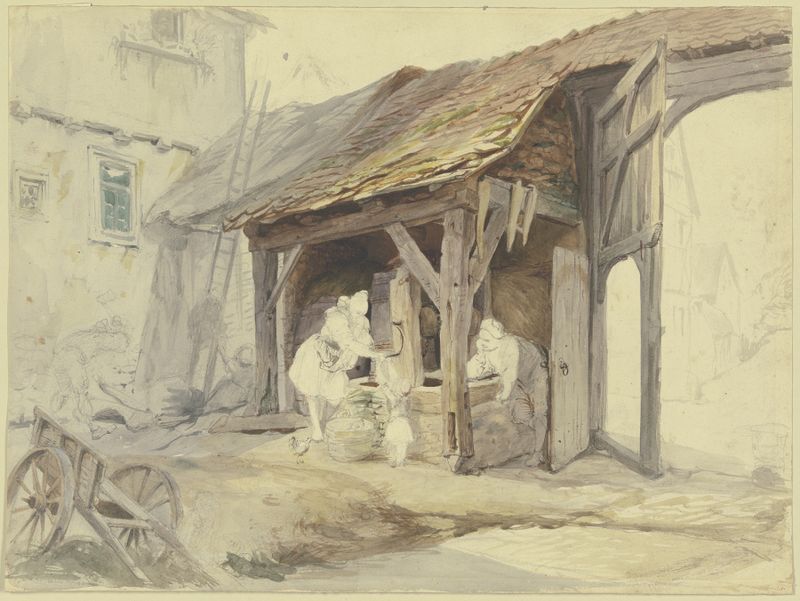 Pintura al óleo realista de Carl Engel que representa una granja y un pozo en un paisaje rural.