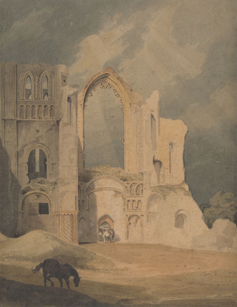 Castle Acre Priory, oil painting by John Thirtle, features crumbling stone arches and lush greenery.