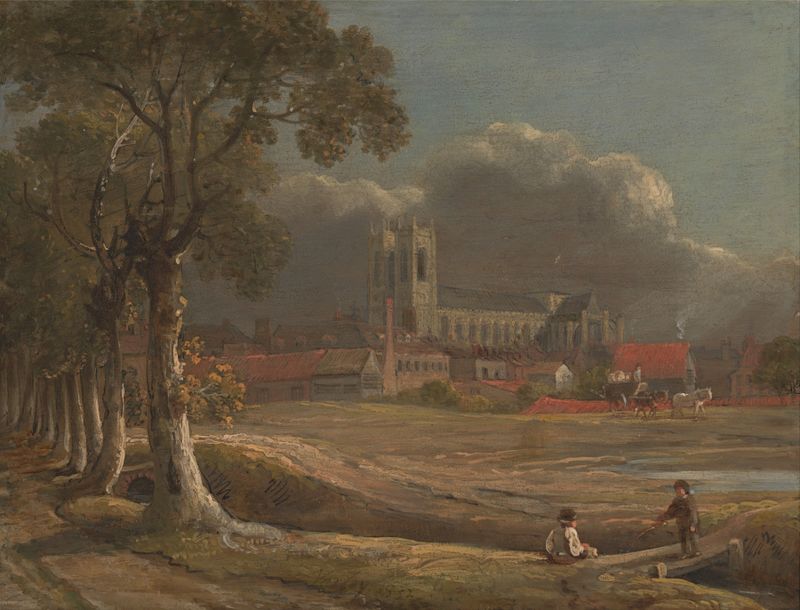 Westminster Abbey from Tothill Fields by John Varley, oil painting depicting intricate architecture and soft clouds.