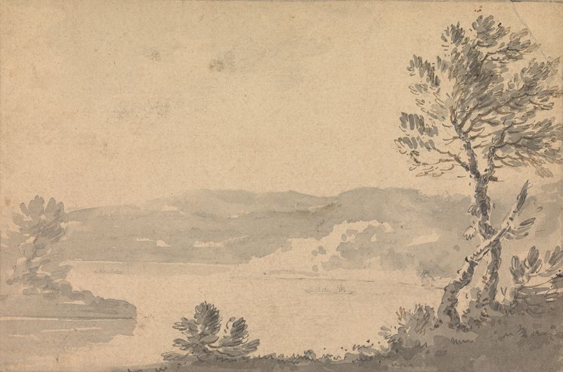 Vista de Windermere por William Gilpin, pintura a óleo que retrata águas tranquilas e reflexos.