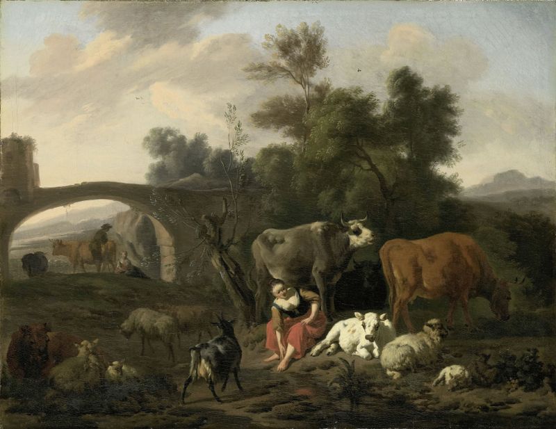 Landscape with Herdsmen and Cattle, oil painting by Dirck van Bergen