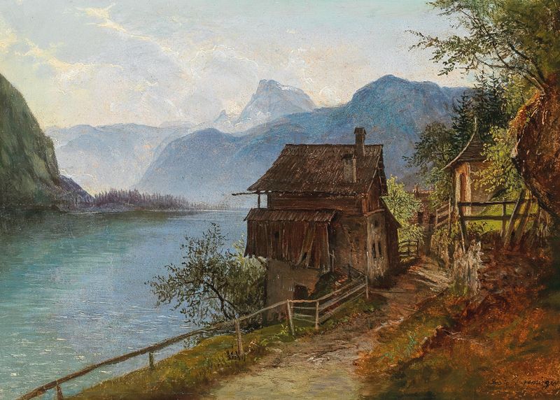 Landscape featuring mountains and a river by Josef Schwemminger, oil painting