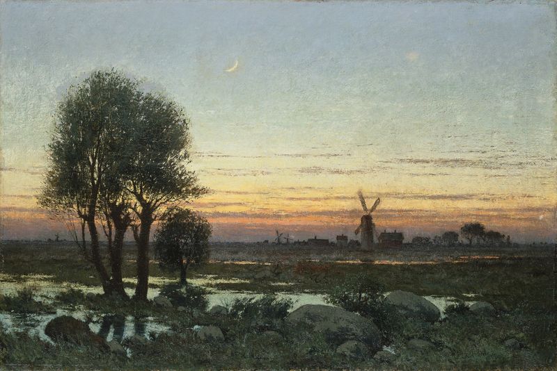Autumn Landscape in the Glow of Sunset by Per Ekström, oil painting depicting trees and sunset hues.