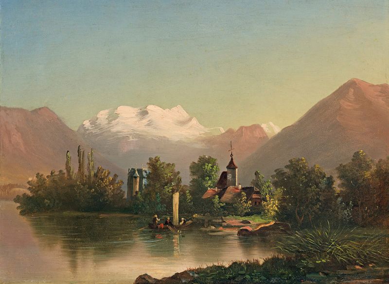 Landscape featuring Schloss Schadau and mountains, oil painting by Ferdinand Hodler